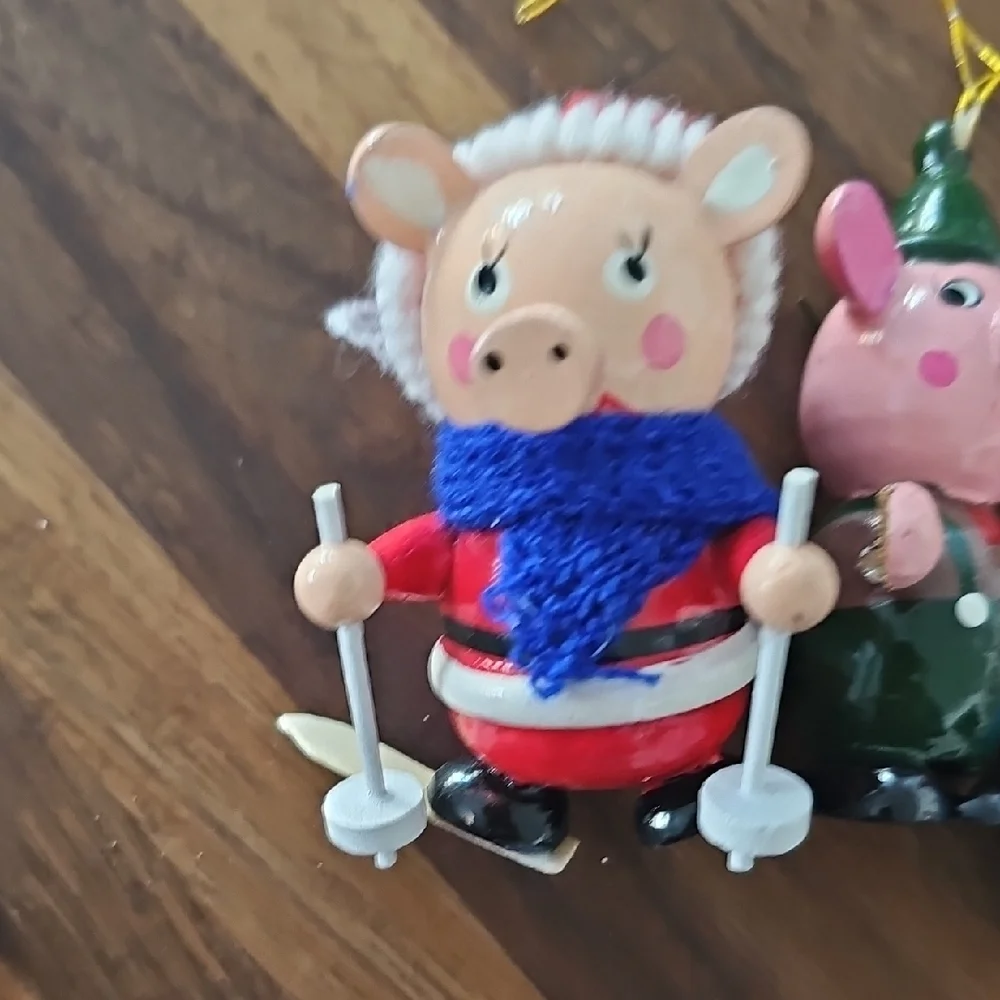 5 Vintage Christmas Pig ORNAMENTS music Sport Book Skiing Wooden 70s 80s Retro